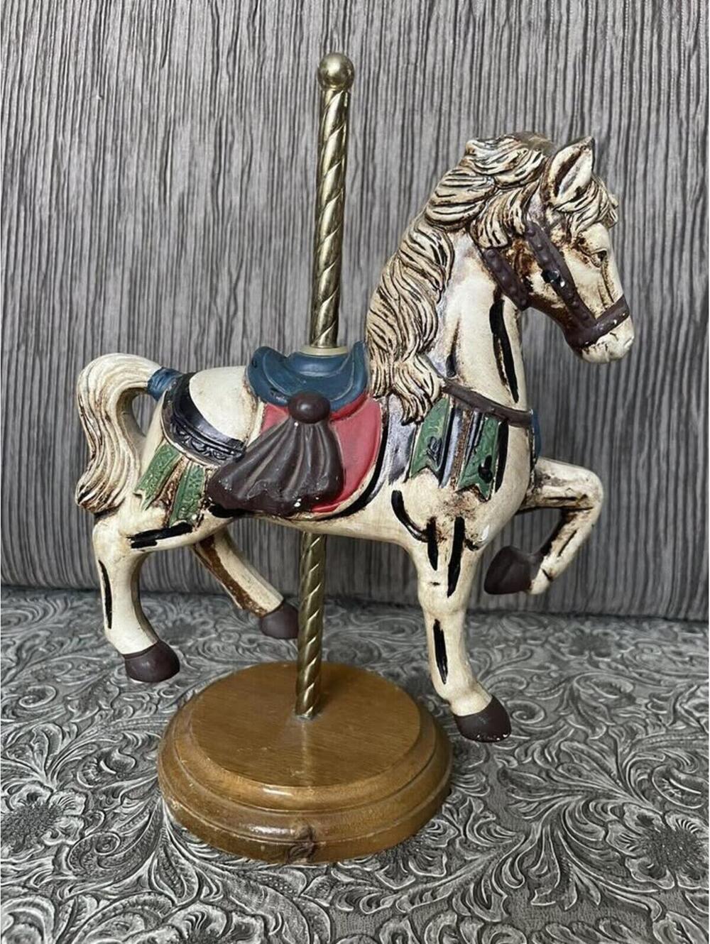 Ceramic Carousel Horse on Brass Turned Pole on Wooden Stand Art Mark